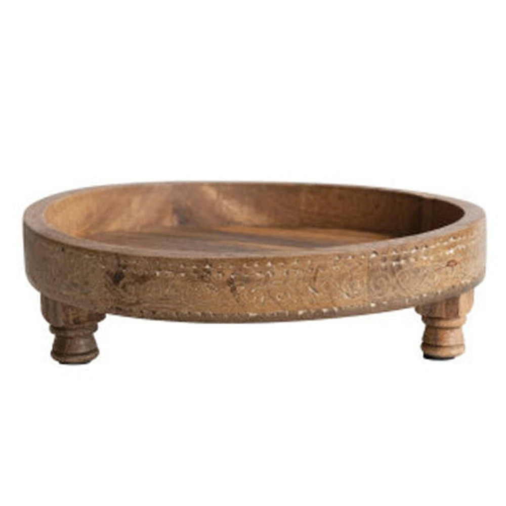 15" Round x 4"H Mango Wood Footed Tray, Natural