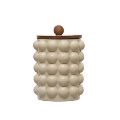 Round Stoneware Canister w/ Raised Dots & Acacia Wood Lid - White & Na