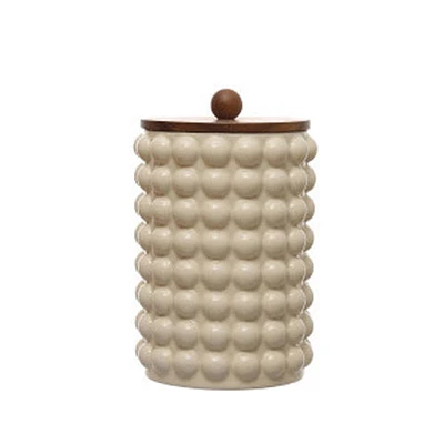 Round Stoneware Canister w/ Raised Dots & Acacia Wood Lid - White & Na