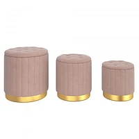 Tobi 3pc Storage Ottoman Set in Blush & Gold