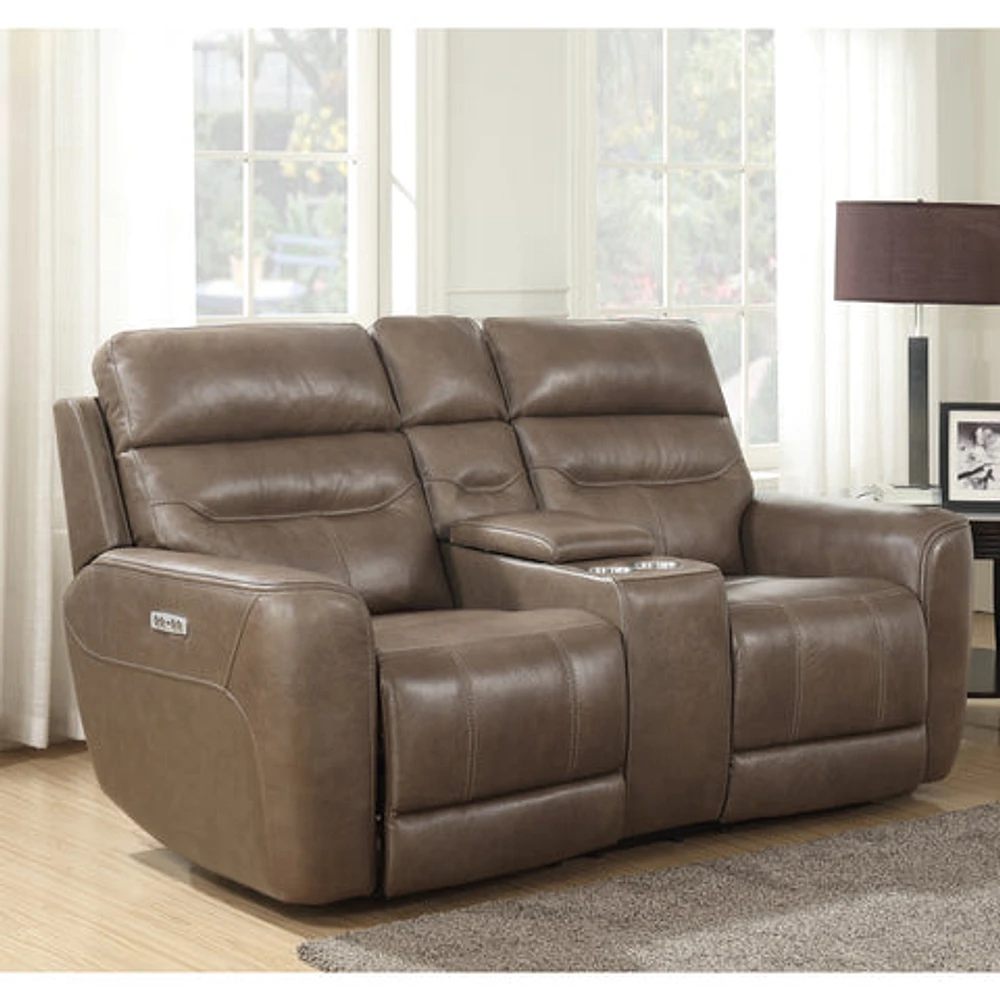 Floor Model Marcella Genuine Leather Power Recliner Loveseat With Cons