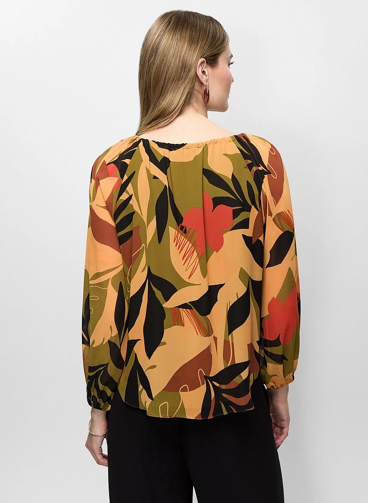 Tropical Print Tie Neck Blouse