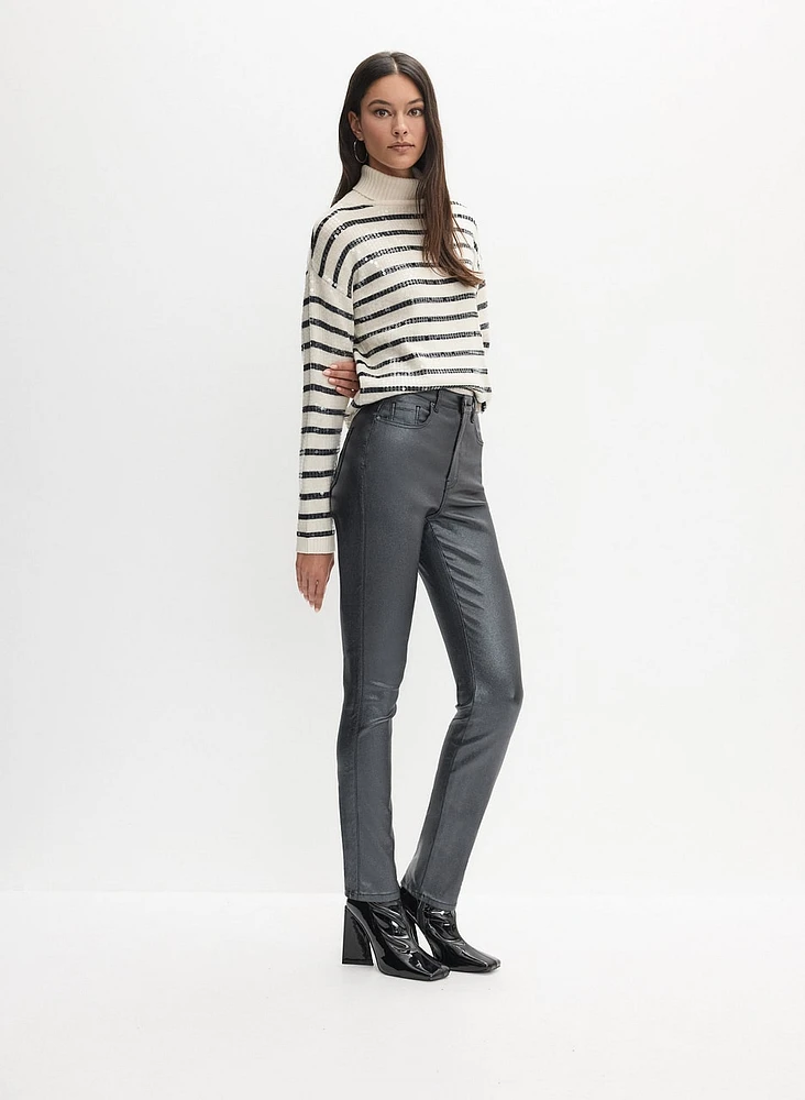 Coated Metallic Slim-Leg Pants