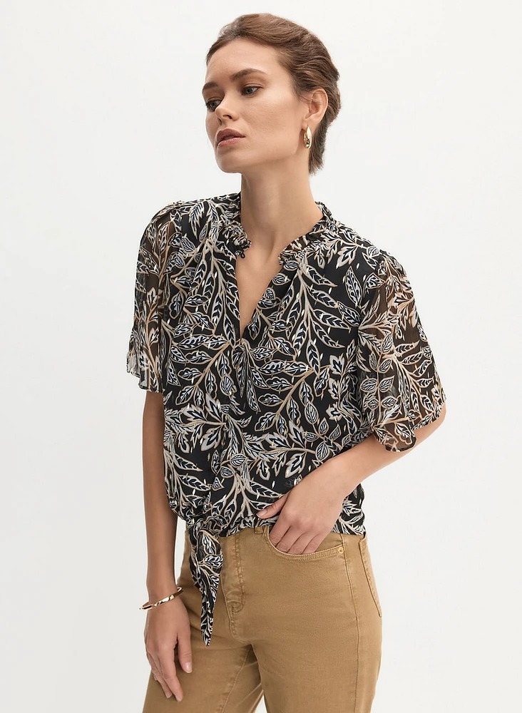 Leaf Print Tie Waist Blouse