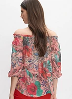Mixed Print Off-Shoulder Blouse