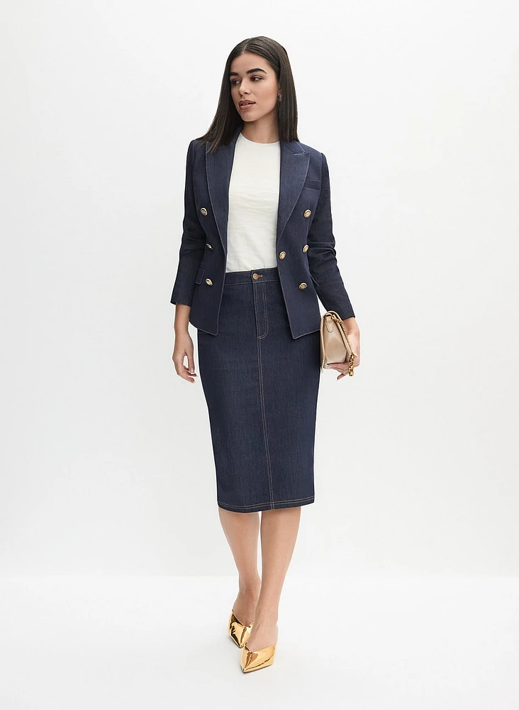 Contrast Stitch Denim Blazer & Denim Pencil Skirt