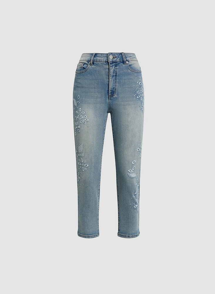 Floral Embroidered Light-Wash Jeans