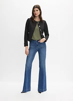 Collarless Jacket & Flared Jeans