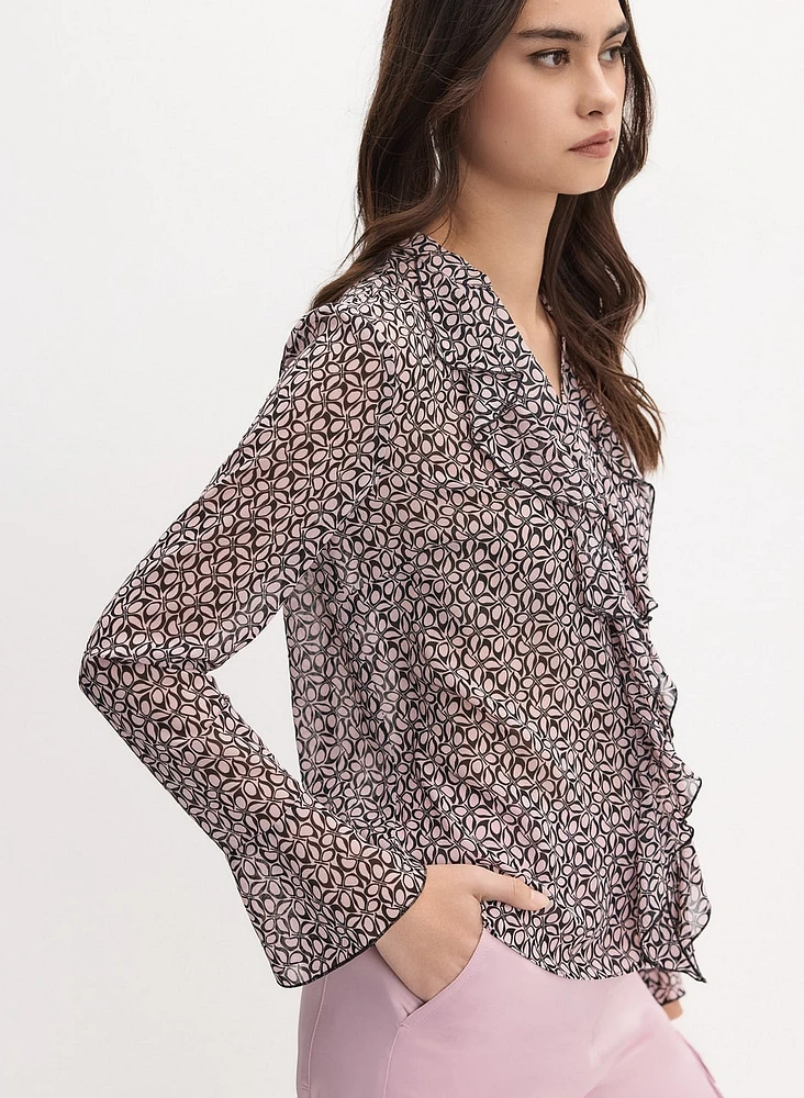 Geometric Ruffle Front Blouse