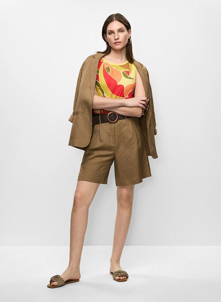 Linen Roll-Up Sleeve Blazer & Braided Belt Linen-Blend Shorts