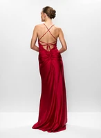 Ruched V-Neck High Slit Gown