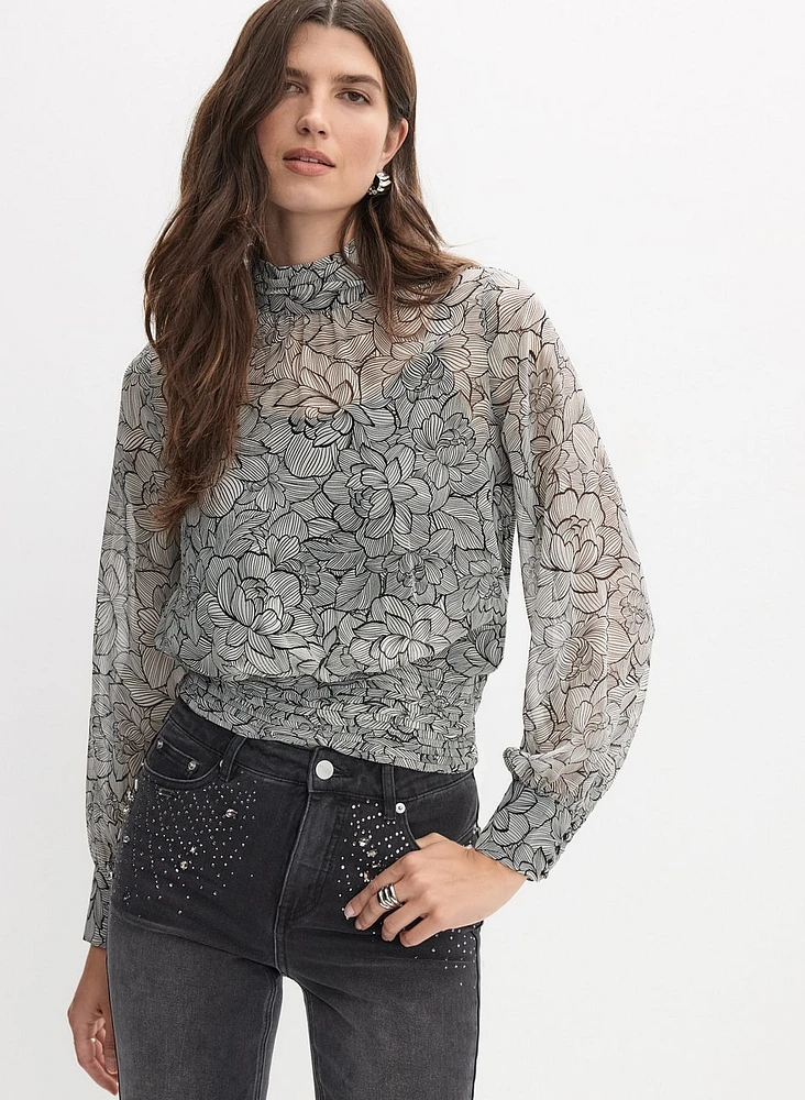 Stenciled Floral Print Blouse