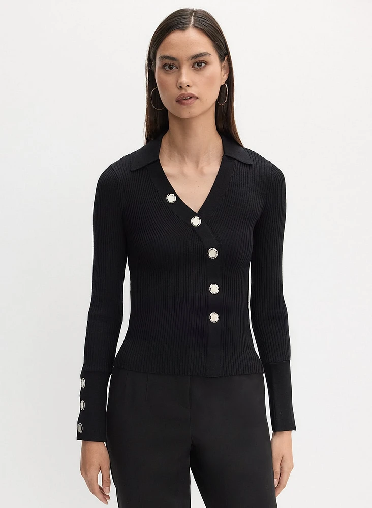 Ribbed Asymmetrical Button-Up Sweater