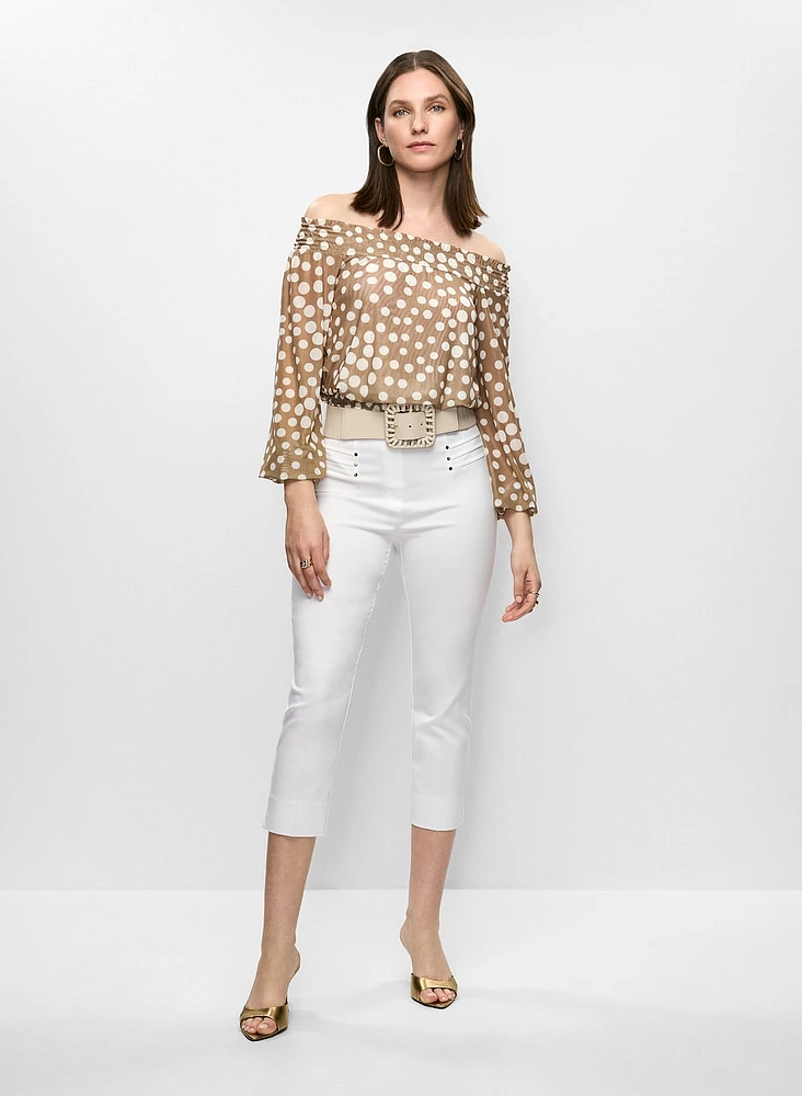 Off-the-Shoulder Polka Dot Top & Slit Hem Capris