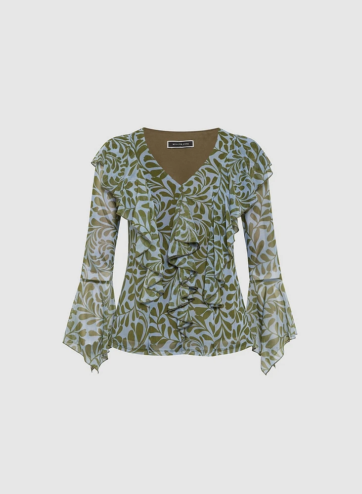 Vine Print Ruffle Front Blouse