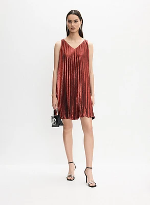 Metallic A-Line Plissé Dress