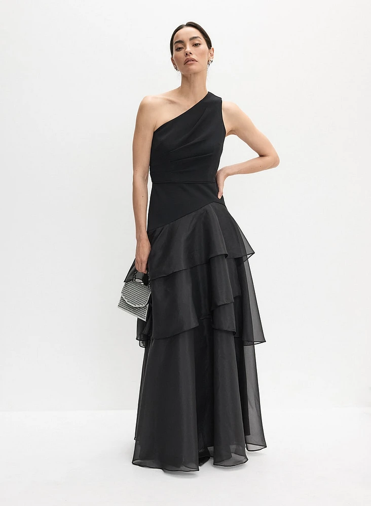 Tiered Organza One-Shoulder Gown