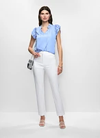 Satin Ruffle Blouse & Patch Pocket Slim Leg Pants