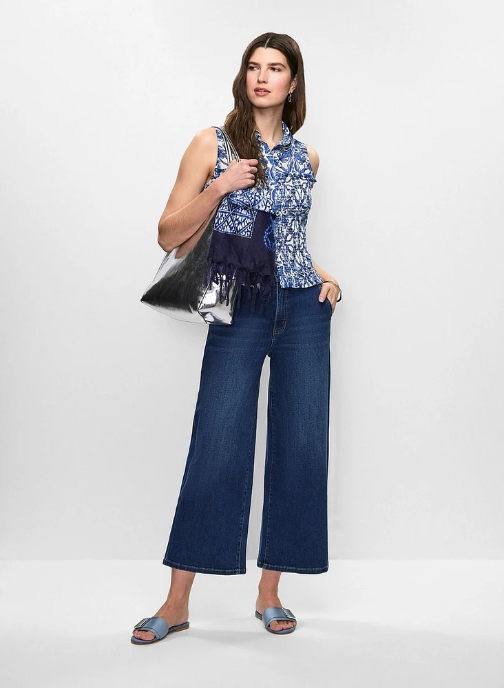 Abstract Print Button-Down Blouse & Denim Culotte Pants