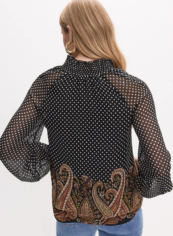 Blouse col froncé à motif mélangé