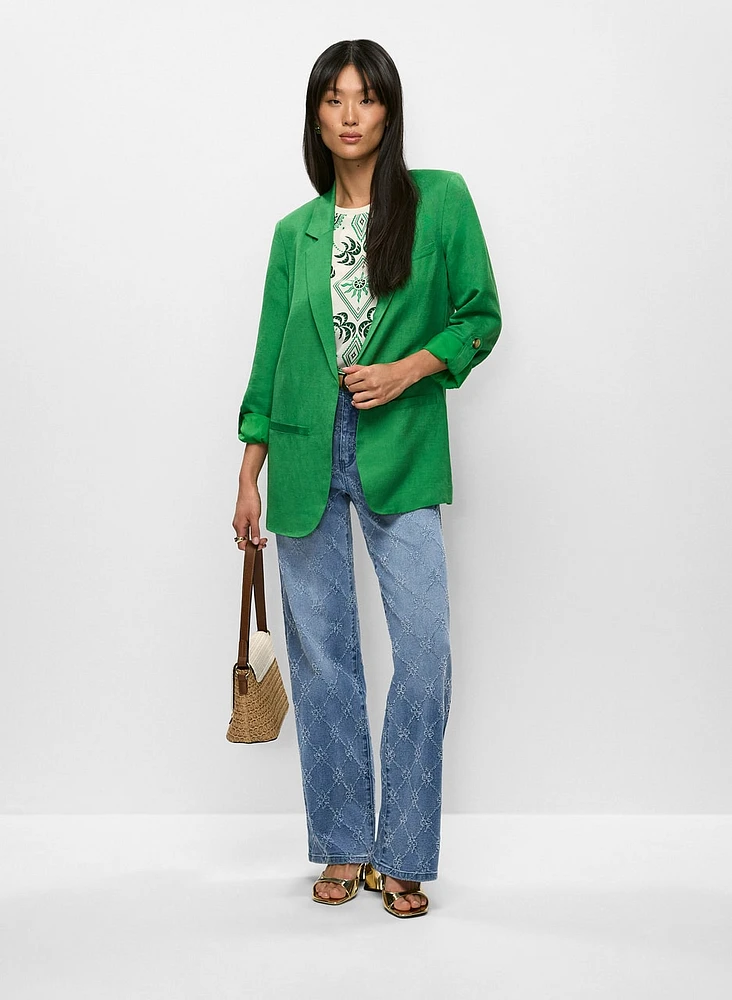 Linen Roll-Up Sleeve Blazer & Distressed Detail Wide Leg Jeans