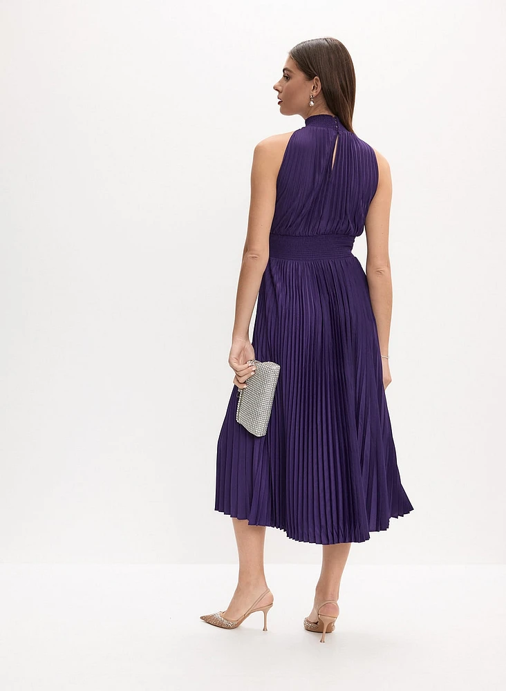 High Neck Satin Plissé Dress