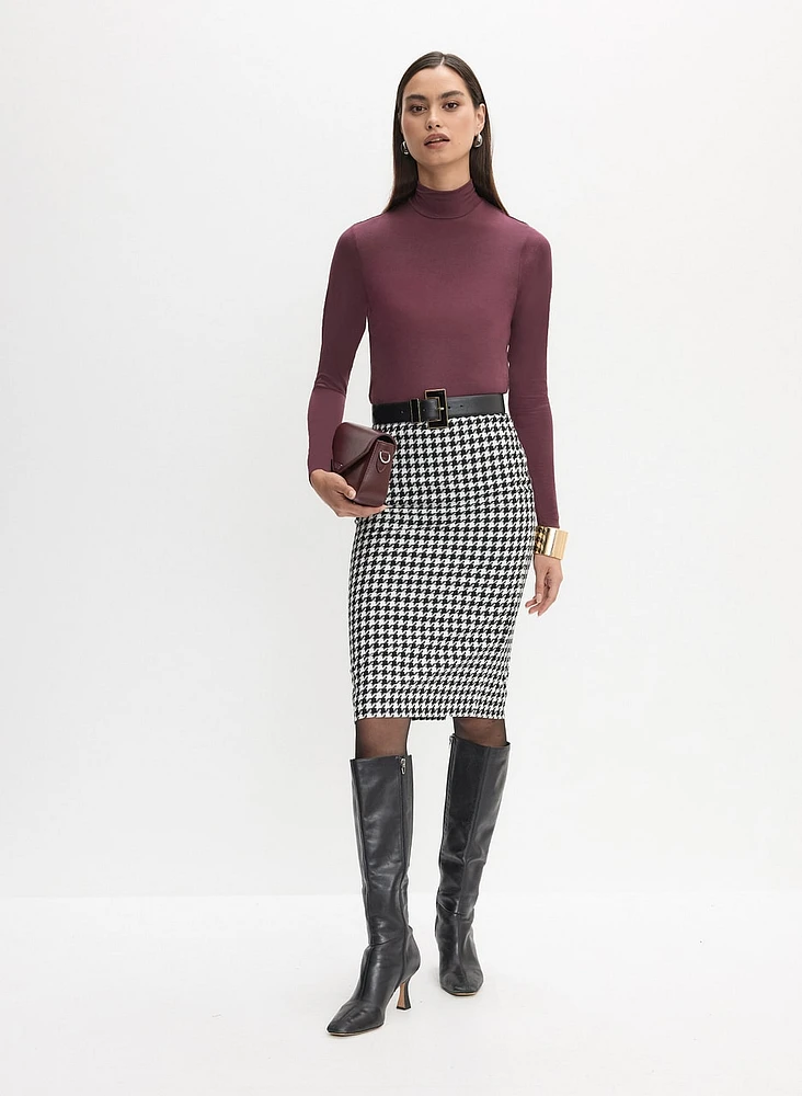 Turtleneck Long Sleeve Top & Houndstooth Print Pencil Skirt