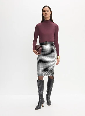 Turtleneck Long Sleeve Top & Houndstooth Print Pencil Skirt