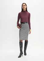 Turtleneck Long Sleeve Top & Houndstooth Print Pencil Skirt