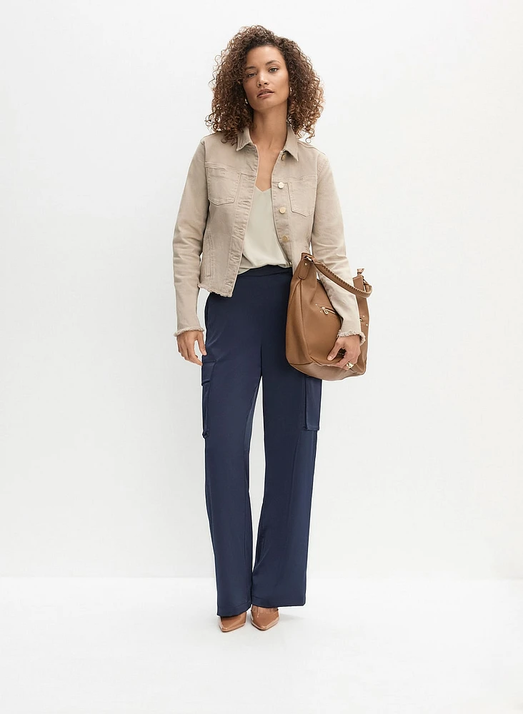 Frayed Hem Denim Jacket & Satin Wide-Leg Cargo Pants