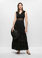 Linen-Blend Lace Insert Dress