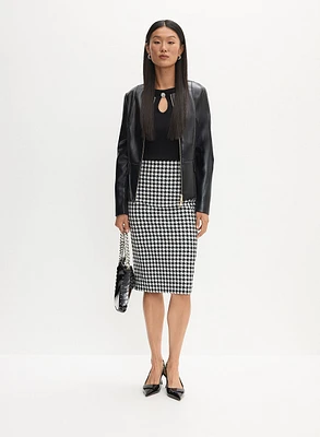 Vegan Leather Jacket & Houndstooth Print Pencil Skirt