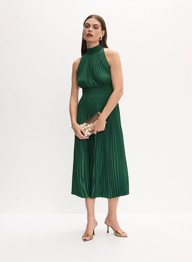 High Neck Satin Plissé Dress