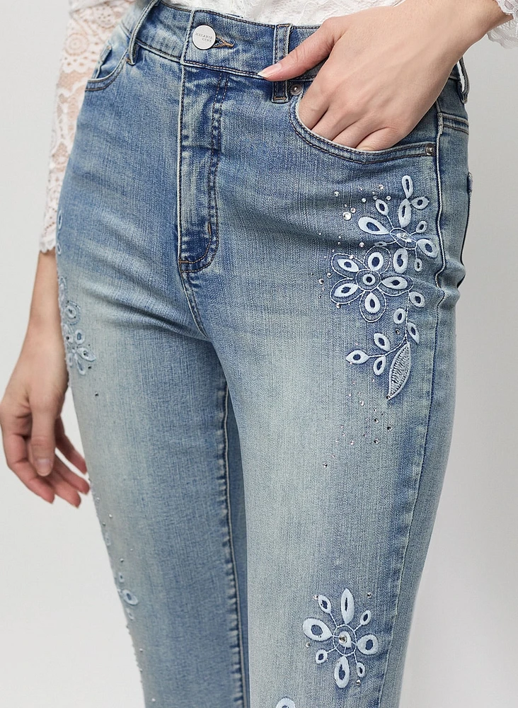 Floral Embroidered Light-Wash Jeans