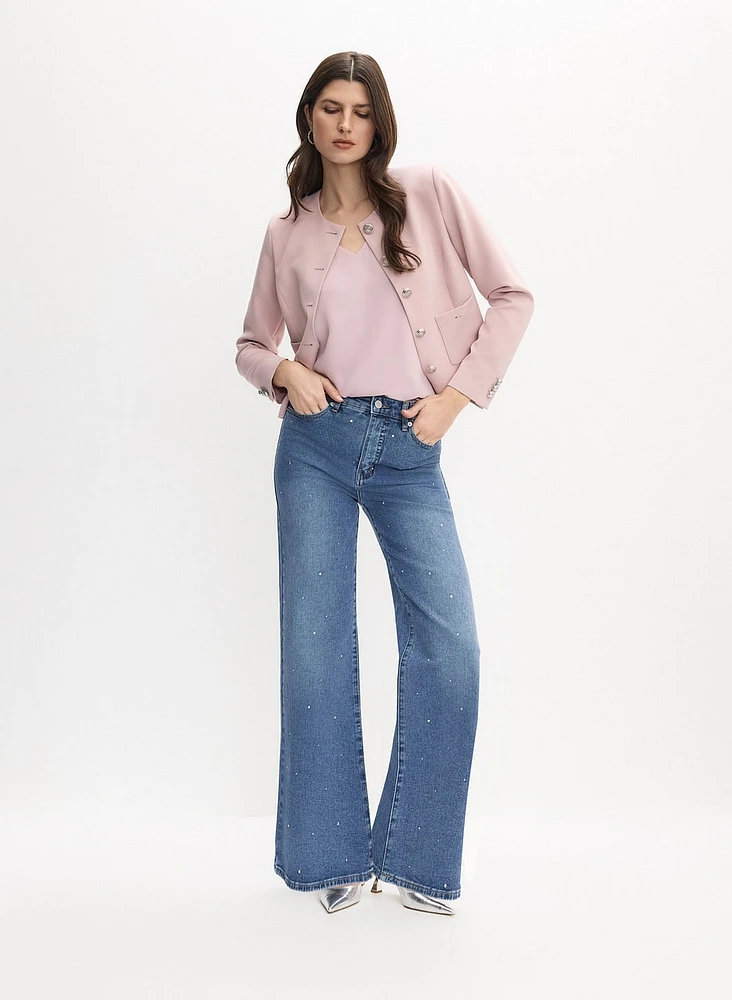 Cropped Collarless Jacket & Rhinestone Wide-Leg Jeans