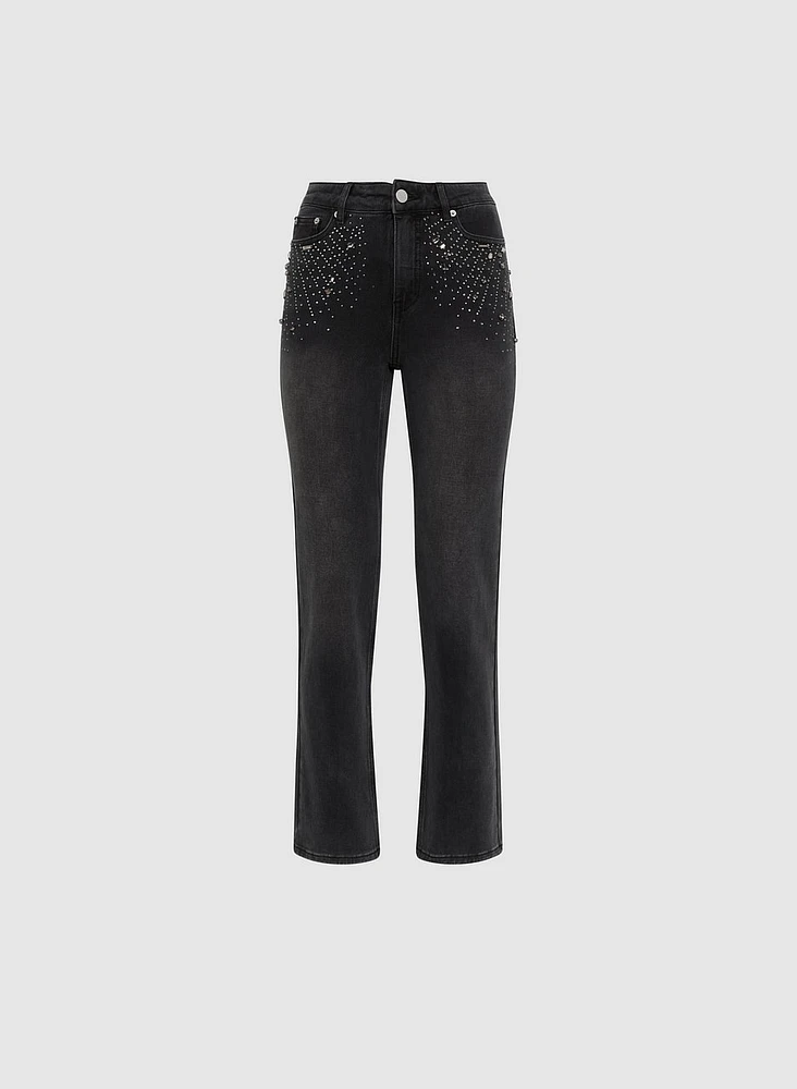 Rhinestone Detail Straight Leg Jeans