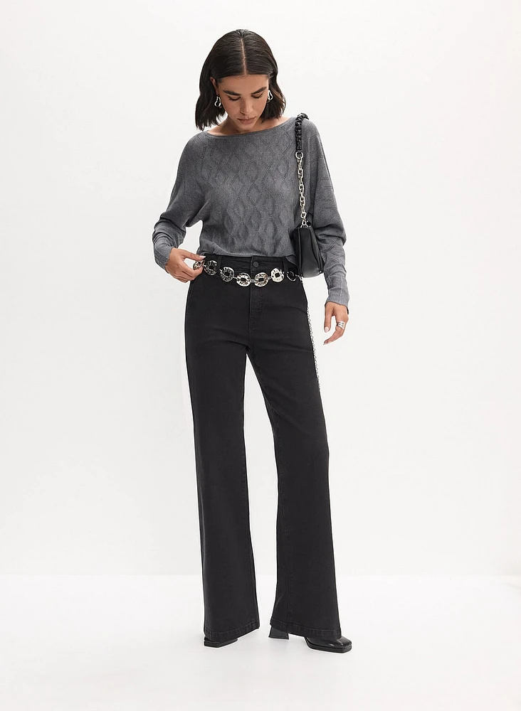 Geometric Stitch Sweater & Wide Leg Jeans