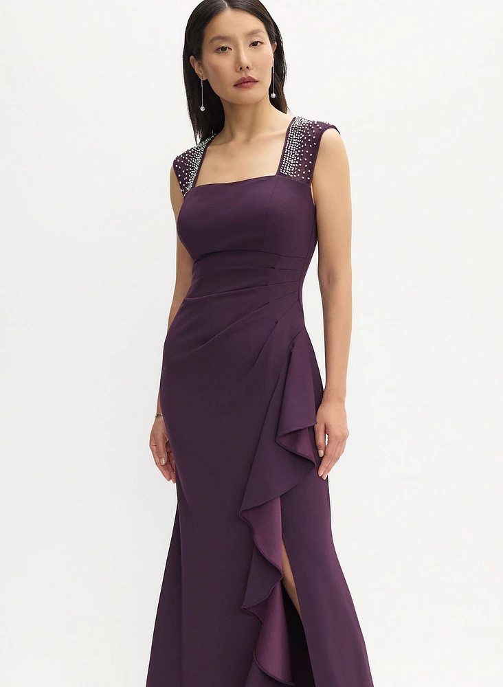 Robe maxi à pierres et volants en cascade