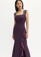 Robe maxi à pierres et volants en cascade