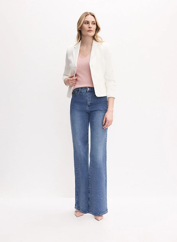 Rounded Hem Jacket & Rhinestone Wide-Leg Jeans