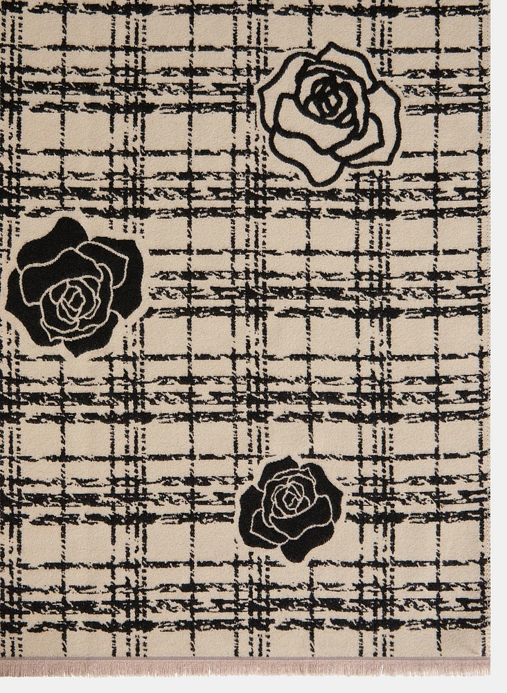 Reversible Plaid Print Rose Detail Scarf