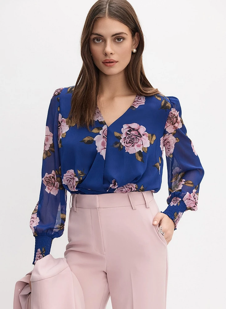 Rose Print Wrap-Style Blouse