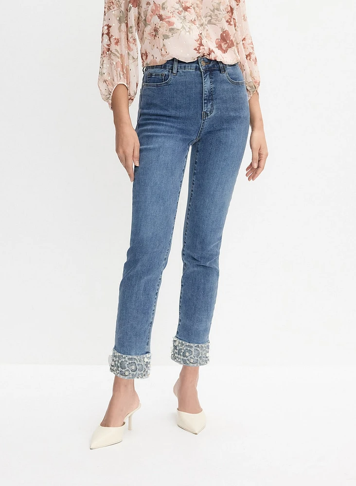 Pearl Embellished Straight-Leg Jeans