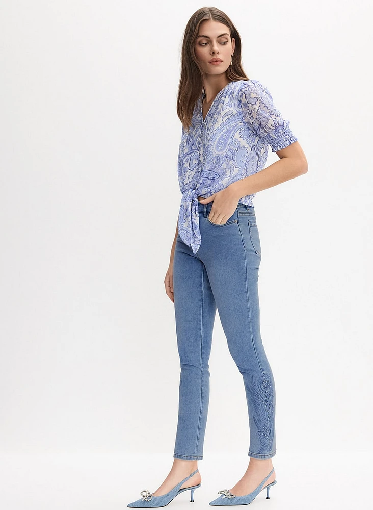 Tonal Embroidered Straight-Leg Jeans