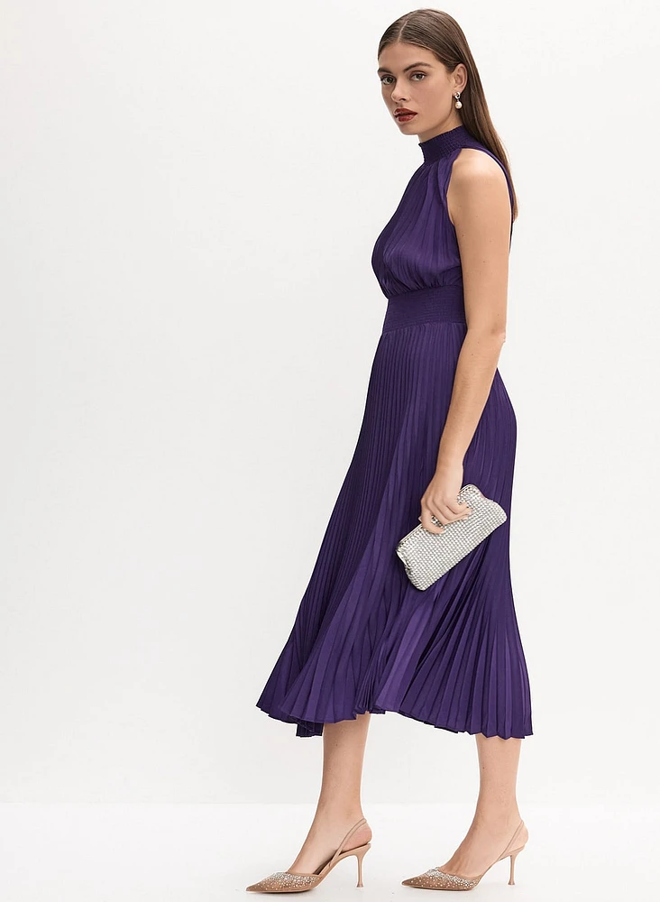 High Neck Satin Plissé Dress
