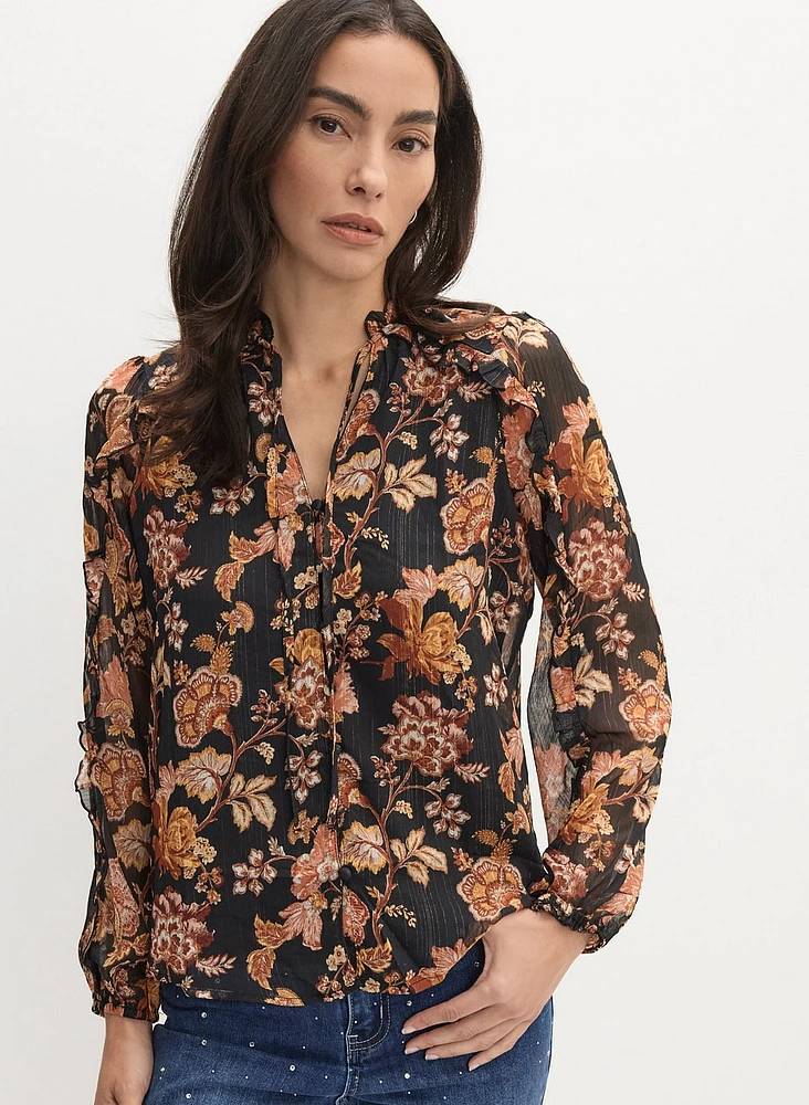 Blouse florale à encolure volantée