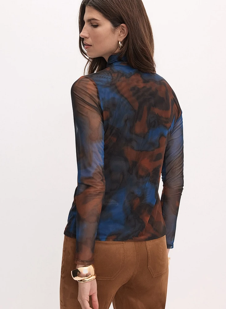 Marbled Mesh Turtleneck Top