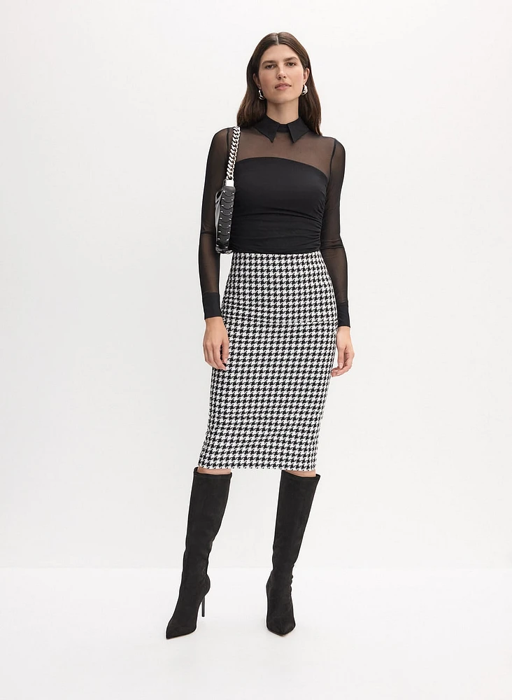 Mesh Sleeves Tube Top & Houndstooth Pencil Skirt