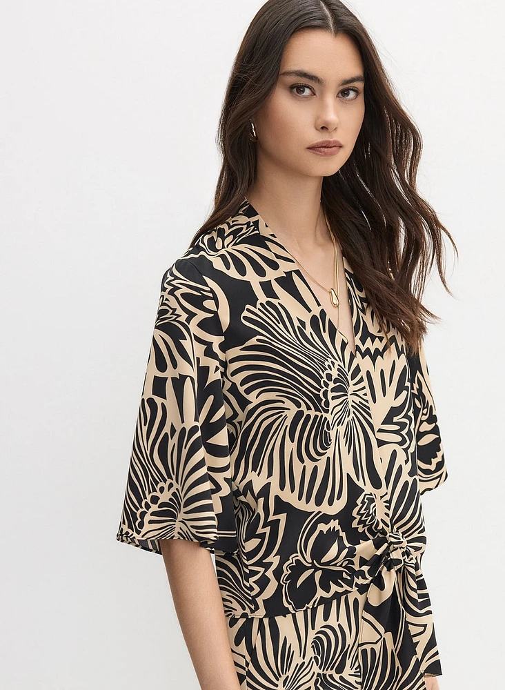 Graphic Floral Tied-Hem Top