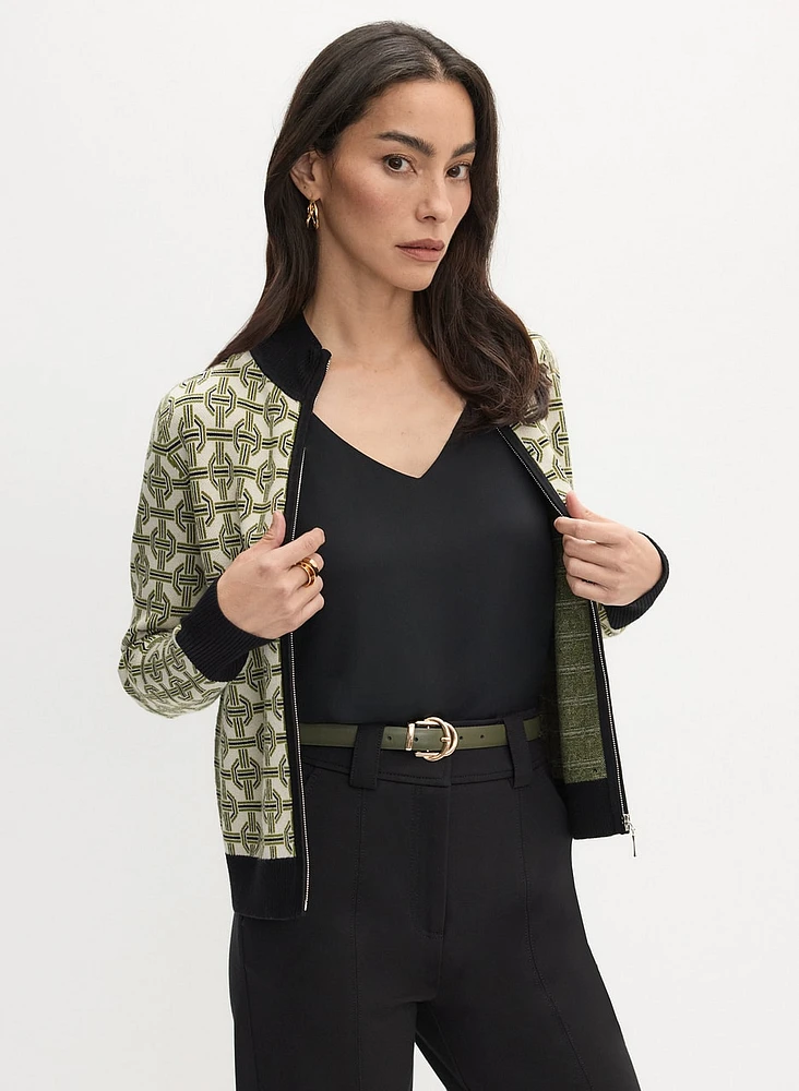 Geometric Print Zip-Up Cardigan